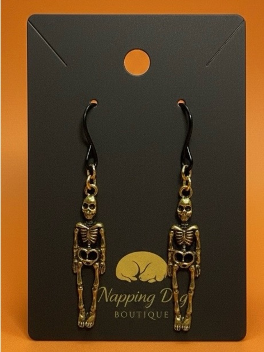 Antique Gold Skeleton Dangle Earrings – Black Ear Wire Halloween Earrings